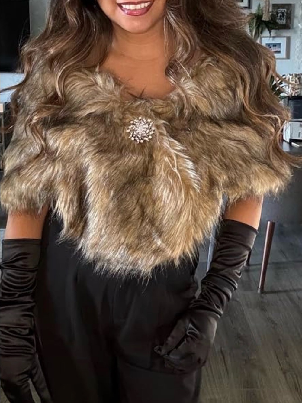 Faux Fur Capelet Shawl - Brown